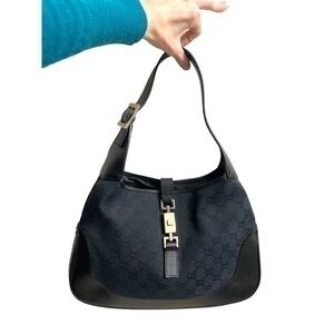 Gucci Jackie o signature hobo bag black gg canvas leather Rare